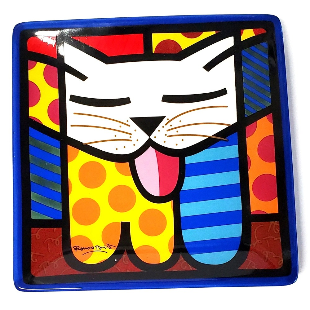 Romero Britto Bold Multicolored Ceramic Plate Happy Cat 8"x8" Crackle Glaze 2008 - Picture 2 of 9